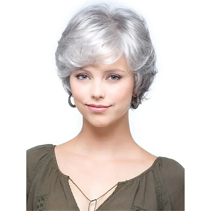 Grandmother grey wig ombre short wavy synthetic wigs curly american women heat resistant fiber hair