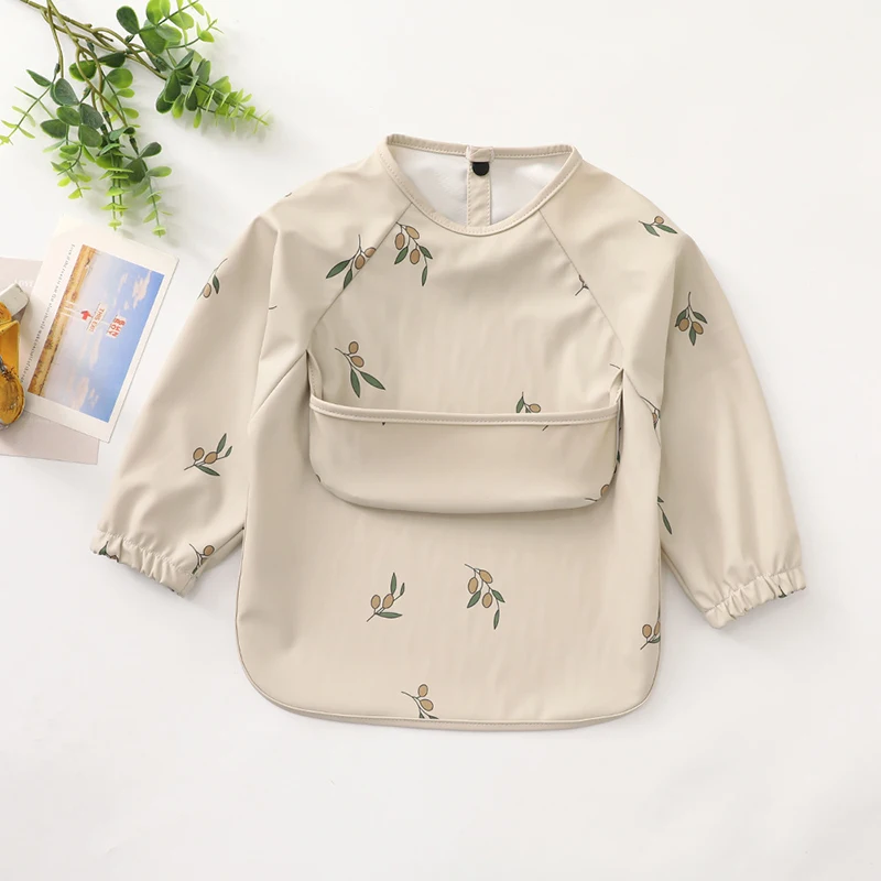 New Children Feeding Aprons Long Sleeve Baby Bib With Pocket Full Cover Kid Gown With Bag Waterproof Long-Sleeve Smock 6