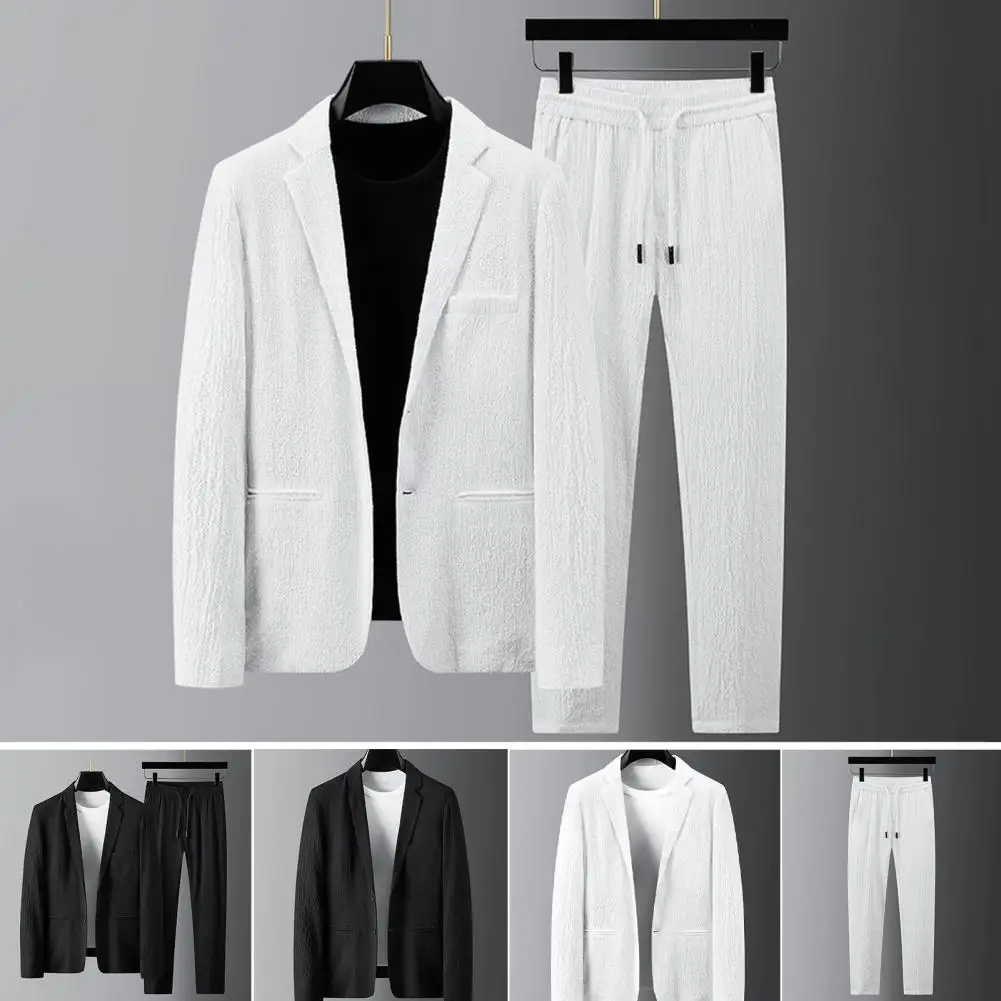 1 Set Casual Outfit Simple Design Thin Lapel Solid Color Turndown Collar Outfit for Business  Formal Suit  Jacket Trousers