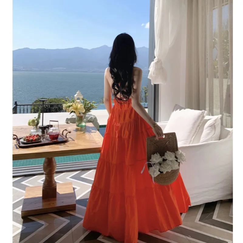 

Solid Color High Waist Elegant Vacation Streetwear Women Fashion A Line Bohemian Y2k Red Bandage Halter Vintage Casual Dress