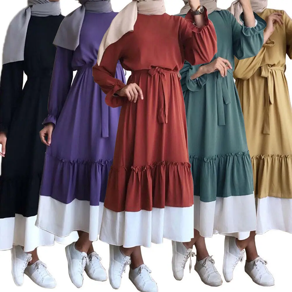 

Middle Eastern Arab color patchwork ruffled pagoda sleeve abaya long dress Muslim Ramadan cardigan robe Maxi Femme Kaftan Robe