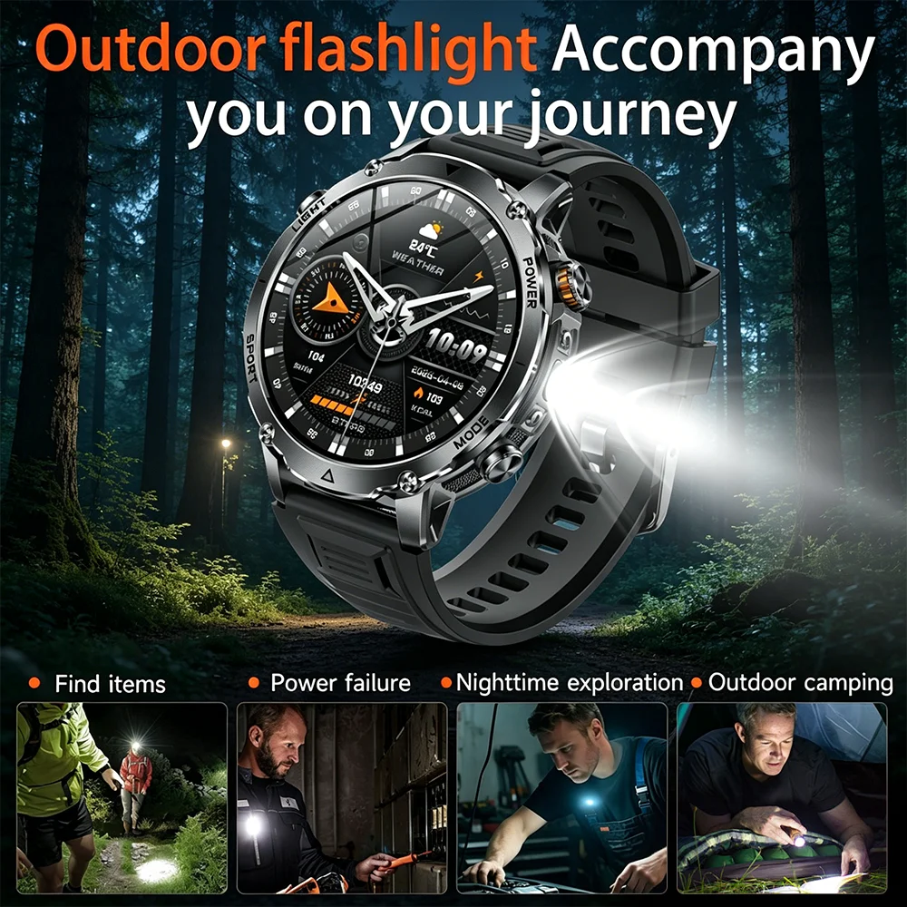 2026 Military 1400 Mah battery smartwatch, men's outdoor flashlight, IPX8 waterproof,100+sports,Bluetooth call, fitness band 3