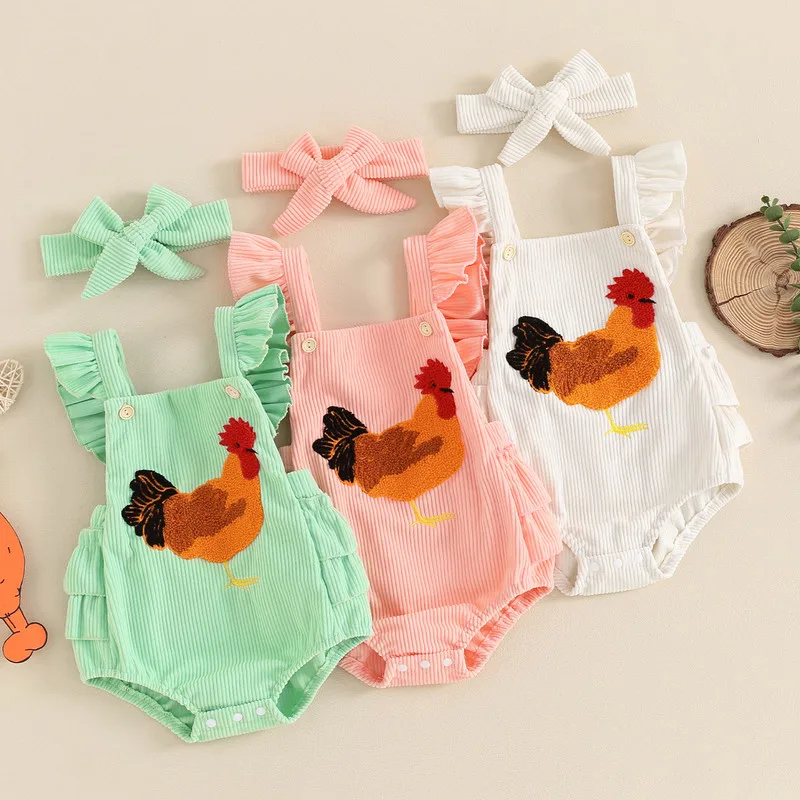 

Baby Girls Bodysuit Fuzzy Rooster Embroidery Fly Sleeve Ruffles Infant Bodysuits Summer Clothes with Headband