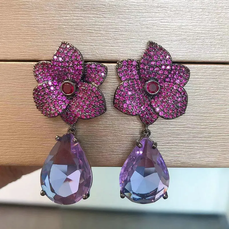 Bilincolor Fashion Purple Zircon Flower Drop Earring for Women