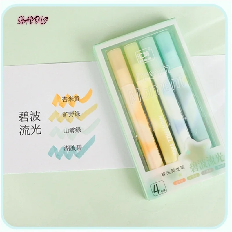 Office Highlighter Pen 4 Soft Nib Head Fluorescent Pens for Students Barrel Colored Marker Set korean stationery