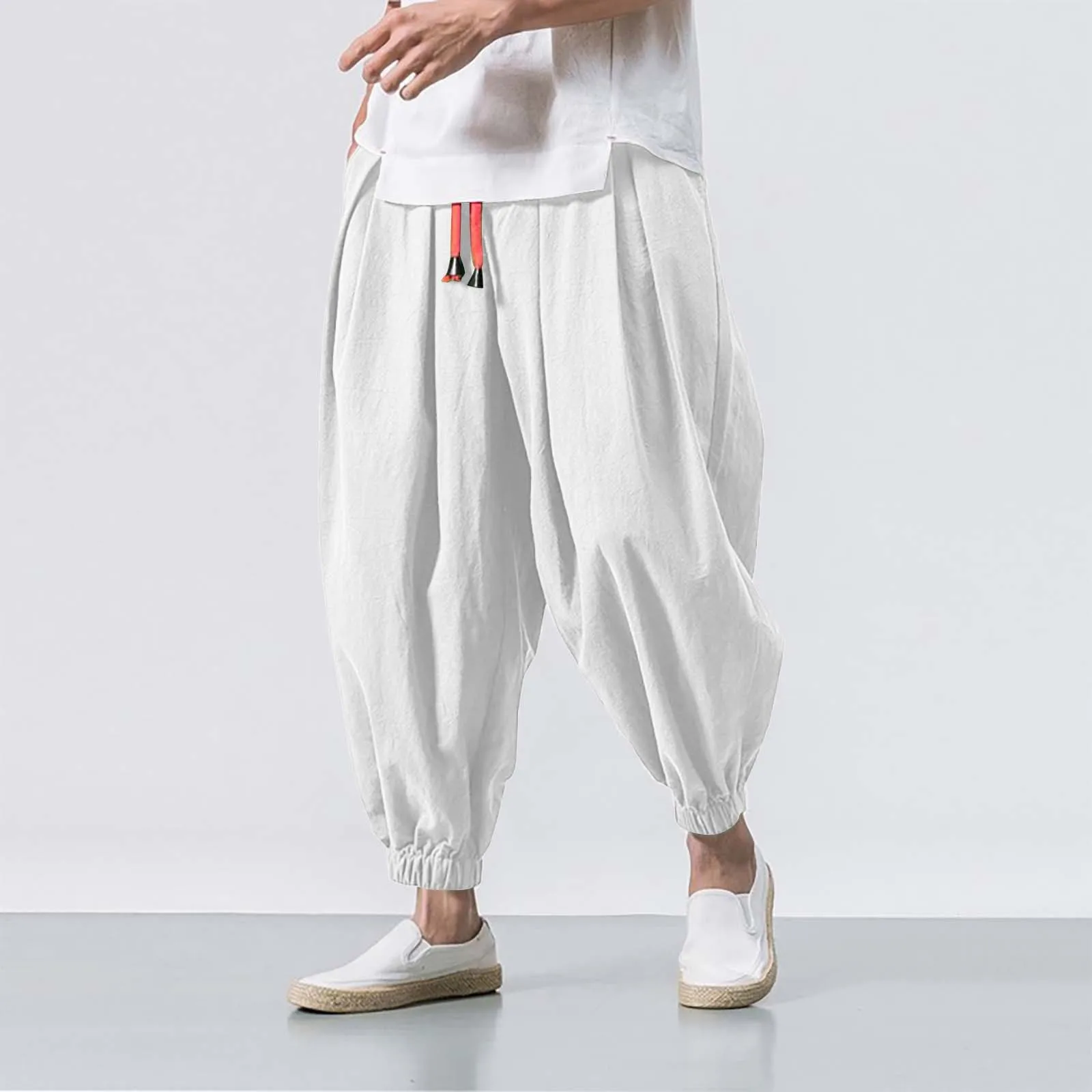 

Cotton Linen Baggy Harem Pant Mens Drawstring Waist Solid Long Trousers Y2k Streetwear Pants Large Big Size Beach Trouser Male