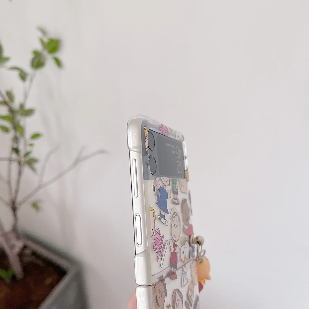 삼성 갤럭시 Z 플립 5 4 3 용 Miniso 스누피 전화 케이스 삼성 Z Flip5 Flip4 Flip3 용 투명 하드 PC 접이식 뒷면 커버