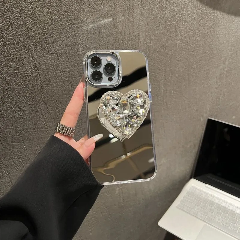 Luxury Diamond Heart Holder Metal Camera Makeup Mirror Case