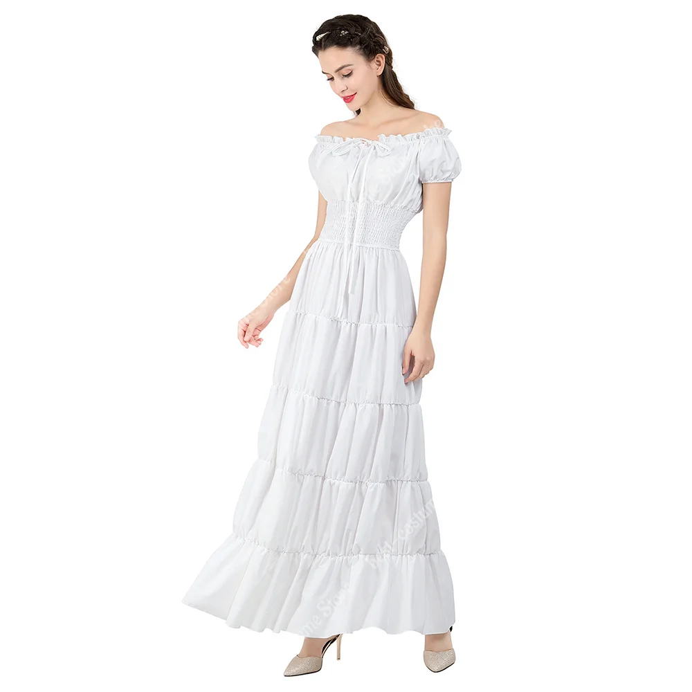 Medieval Dress Off Shoulder Victorian Irish Dresses European Clothing for Women White Elastic Waist Long Dress Elegant fall hot style women s dresses european and american one shoulder shawl jumpsuit