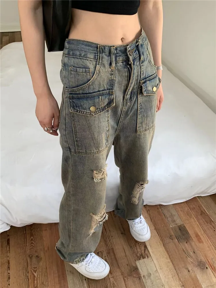 ripped wash jeans women straight baggy y2k streetwear jeans wide