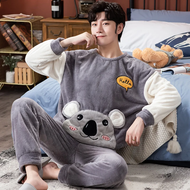 2021 Winter Long Sleeve Thick Warm Flannel Pajama Sets for Men Cute Cartoon Coral Velvet Sleepwear Pyjamas Homewear Home Clothes cheap pajama pants Men's Sleep & Lounge