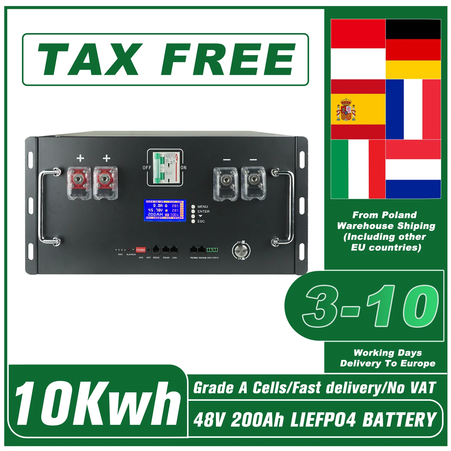 NIELFTOR LiFePO4 Battery Pack 48V 200Ah 10KWh, 16S BMS 51.2V 100Ah 120Ah 300Ah Lithium Battery 6000+ Cycles CAN RS485 for Solar EU Stock