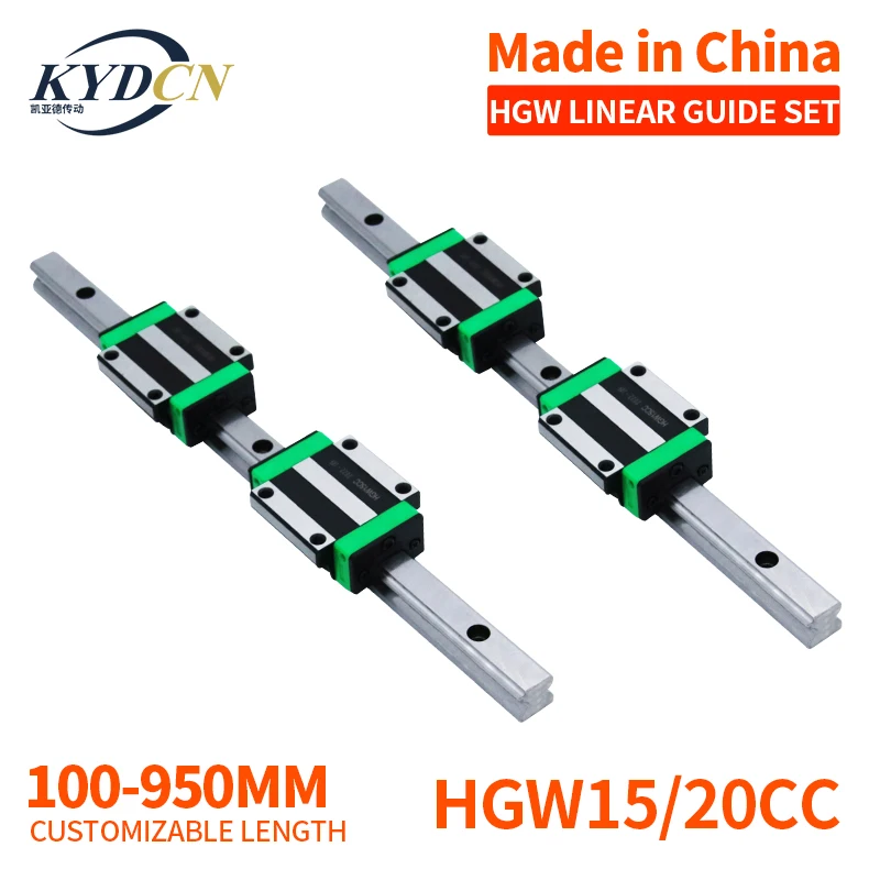 KYDCN 2pc HGR15 HGR20 Square Linear Guide Rail 100-950mm + 4pc HGH15CC HGH20CC For CNC Router Engraving