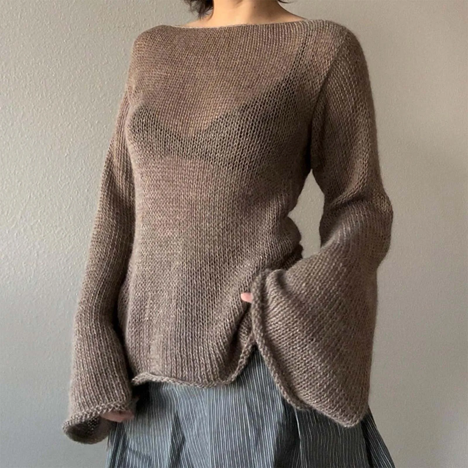

Женский винтажный свитер в стиле ретро Y2K, однотонный вязаный пуловер с длинным рукавом и вырезом лодочкой, повседневные топы с расклешенным рукавом и открытой спиной