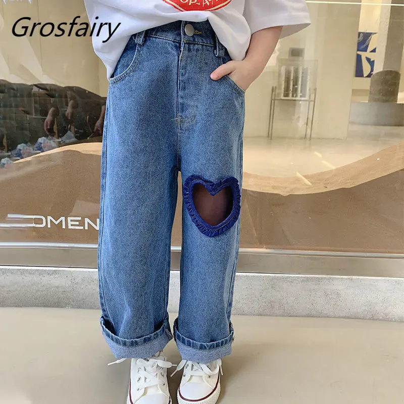 

Grosfairy Girls High Waist Jeans 2022 Children's Heart Hollow Out Ripped Trousers Matching Family Outfits Mom and Me Denim Pants