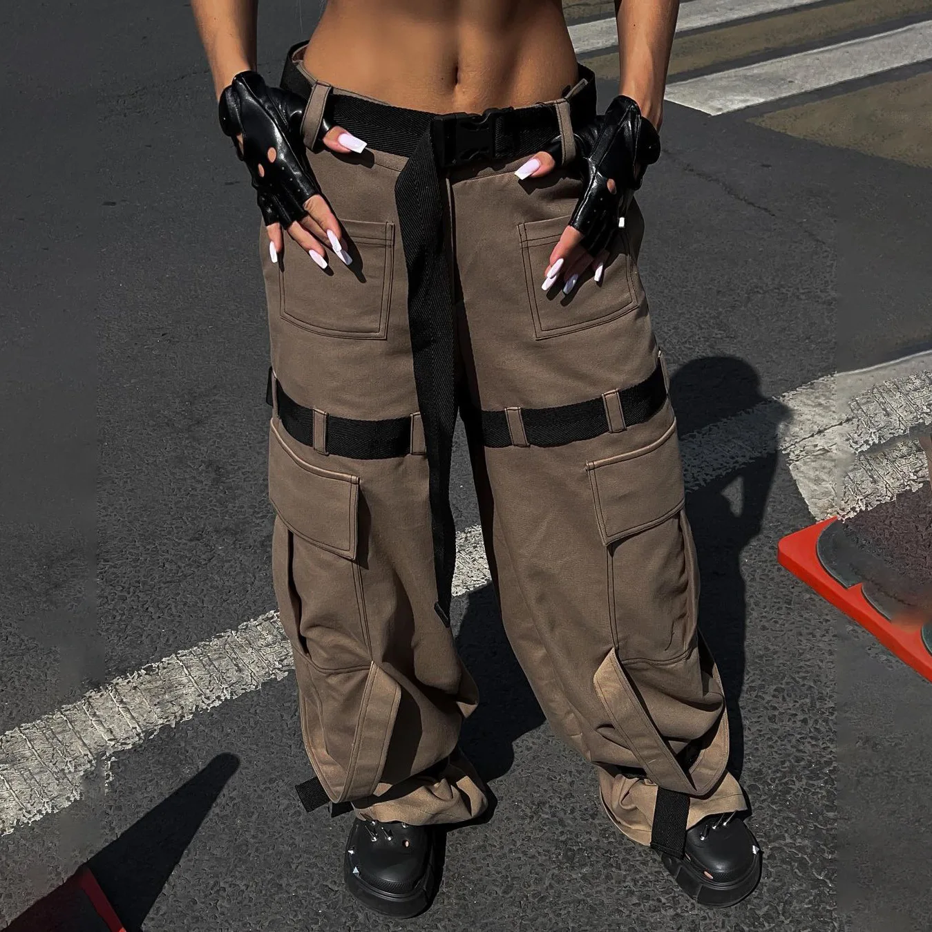 

Clashing Color Loose Casual Wide Leg Straight Leg Pants Street Trend Large Pockets Flutter Belt Splicing Work Pants Women's