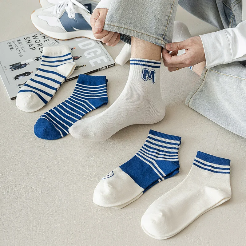 

Stripe Sock Men's Blue Patchwork Fashion Socks Man Unisex Short Casual Cotton Sox Adult Spring Autumn Soft Classic Skarpetki