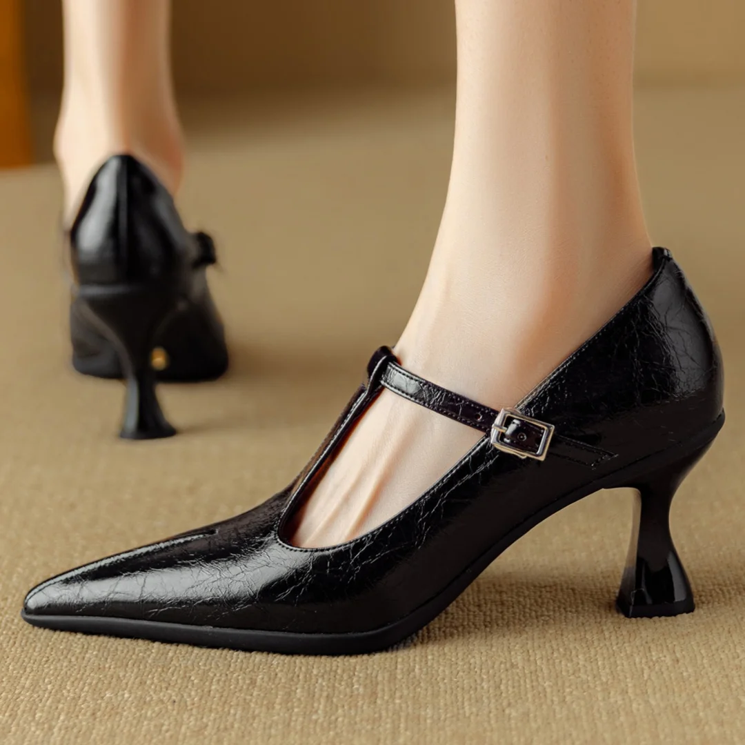 Image of Women's genuine leather pointed toe metal buckle slip-on t-strap pumps elegant ladies 7.5cm thin high heeled daily dress shoes