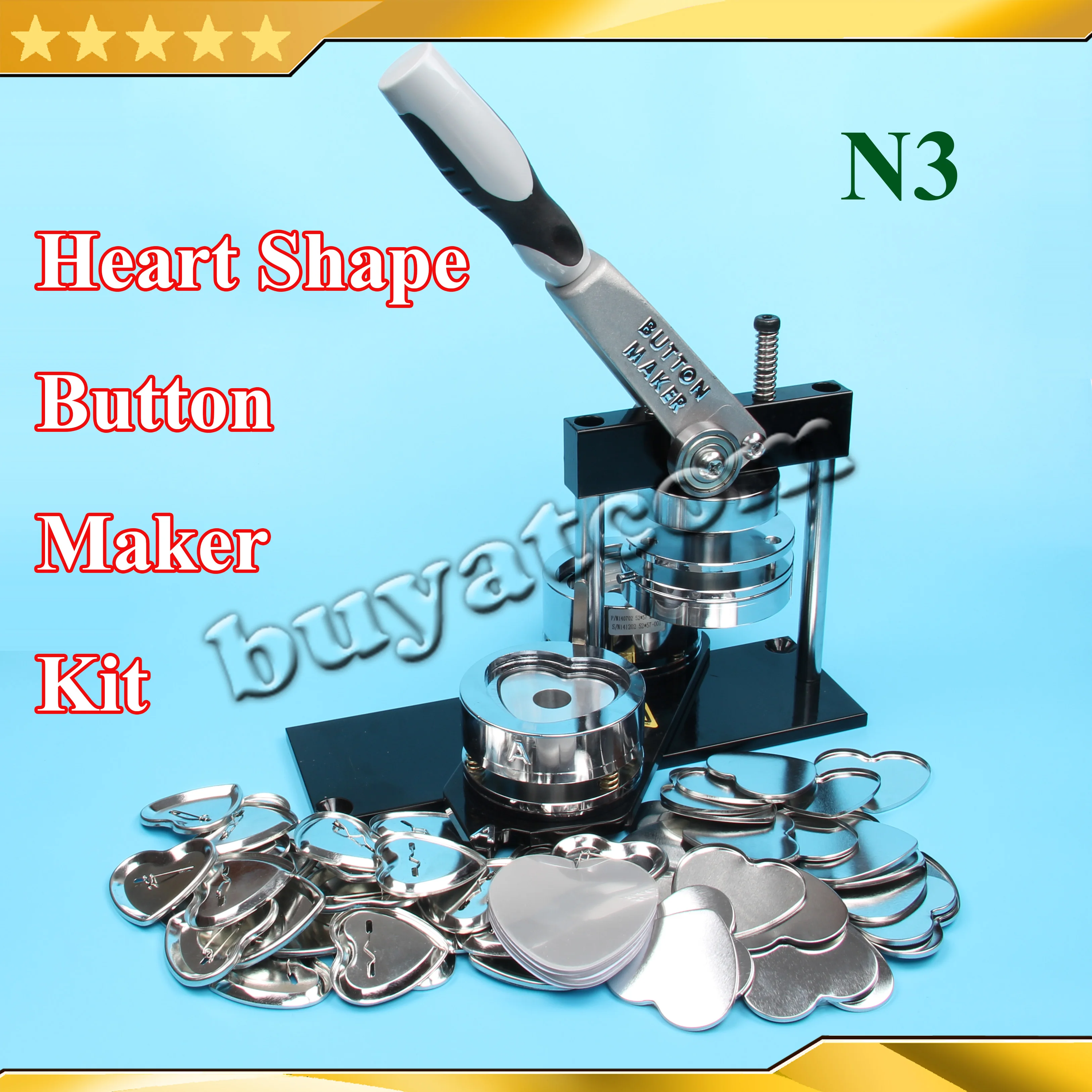 N3 Heart Shape 57x52mm Badge Button Maker Machine with Interchangeable Die Mould +100 Sets Metal Pinback Supply