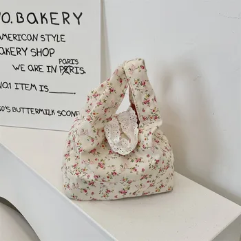 Borsa da polso floreale fresca Borsa tote piccola Borsa da gita primaverile di grande capacità Borsa da pranzo da donna in stile coreano