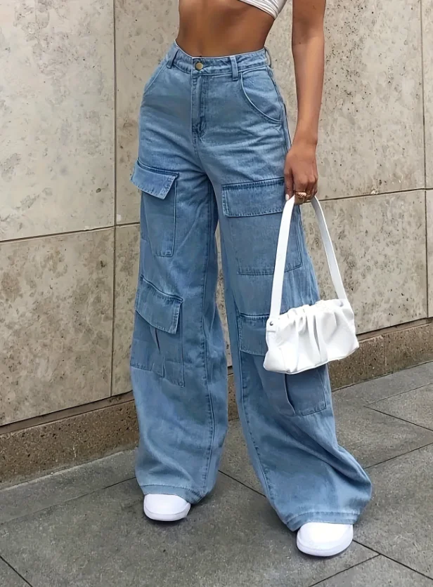 Jeans de travail à taille haute et jambes larges avec plusieurs poches