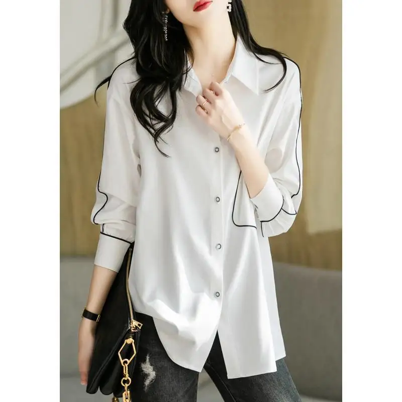 Casual Fashion Solid Striped Pockets Shirt Spring Summer 2022 Turn-down Collar Long Sleeve Single Breasted Tops Women's Clothing