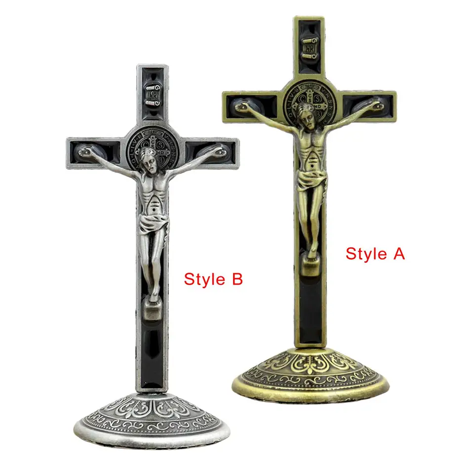 Set Di 3 Statuette Religiose: Gesù Cristo In Croce, Crocifisso In Metallo Per Decorazione Casa E Auto, 8,2x4,5 Cm - 3