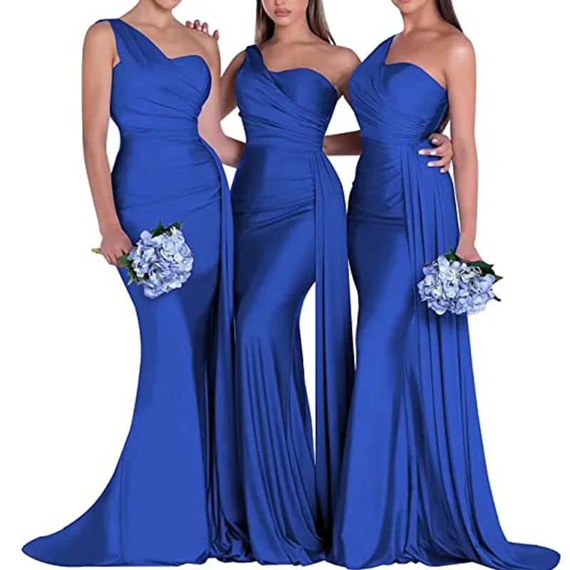 royal blue bridesmaid dresses women for wedding new satin one shoulder sexy mermaid vestidos para bodas invitada chic - AliExpress