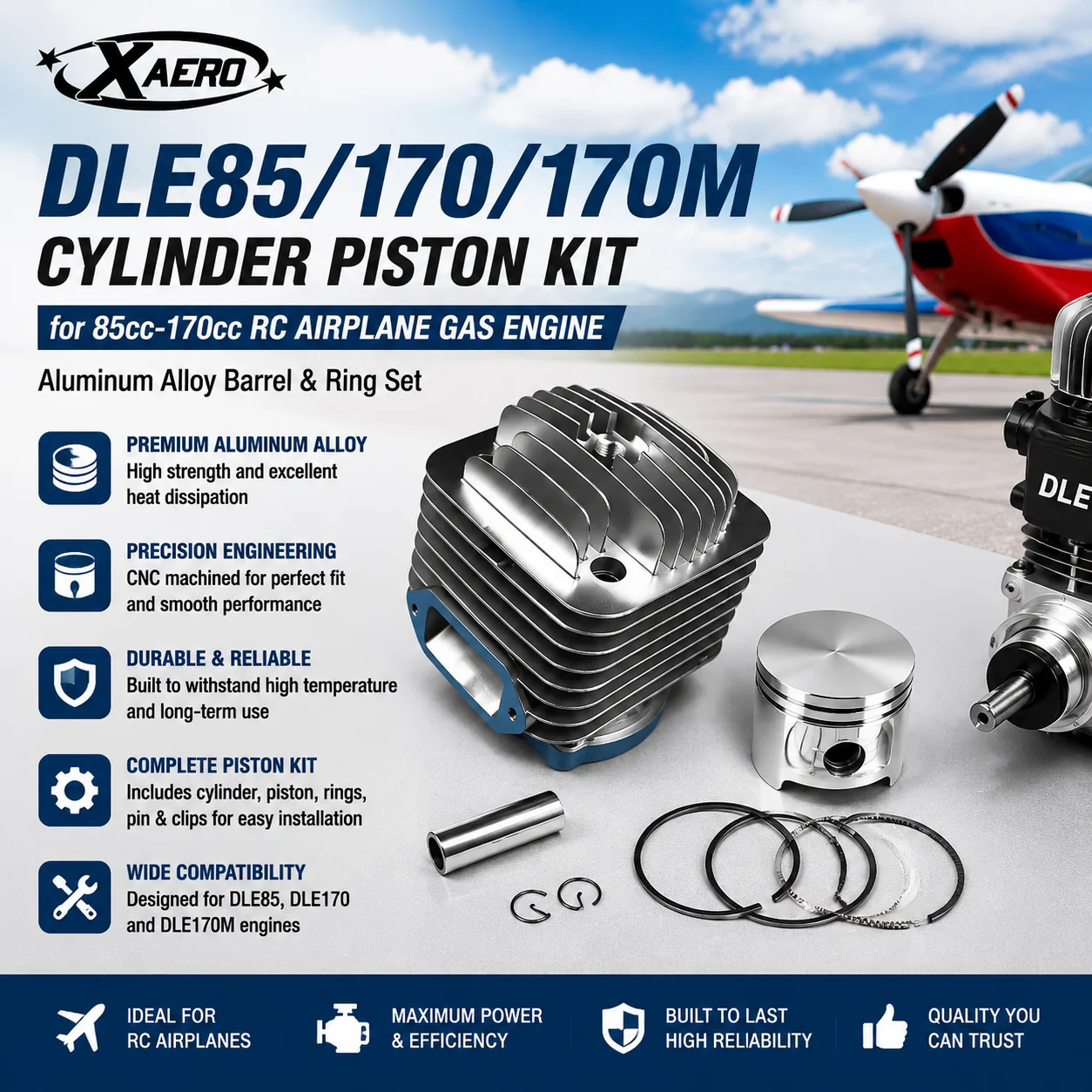 DLE85 DLE170 DLE170M Zylinderkolbensatz, 85cc-170cc RC Flugzeug Gasmotorteile, Zylinder- und Ringsatz aus Aluminiumlegierung