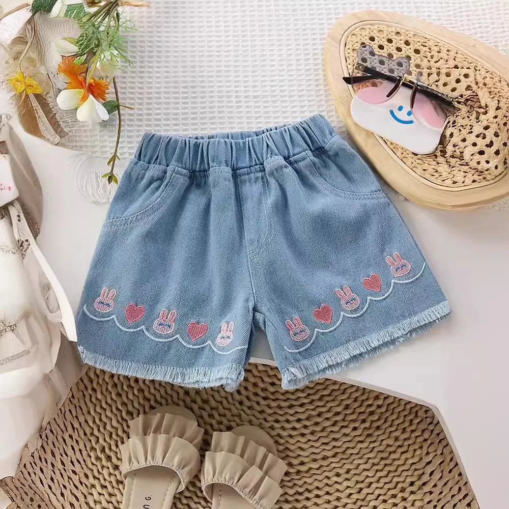 Girls Short Jeans 2025 Summer High Waist Pocket Loose Thin Denim Kids Girls Shorts Cartoon Versatile Children Girls Shorts 4