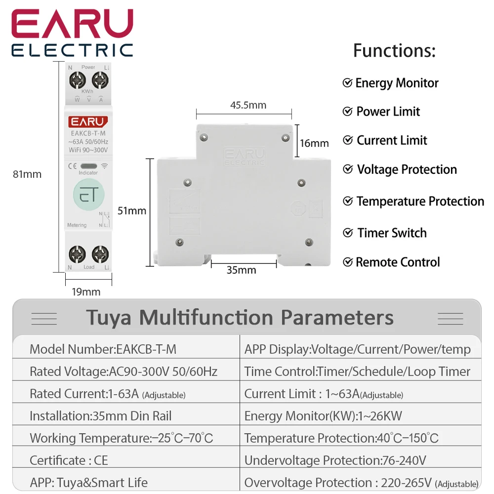 Tuya eWeLink WiFi Smart Circuit Breaker MCB 1P 63A Power Energy kWh Voltage Curr