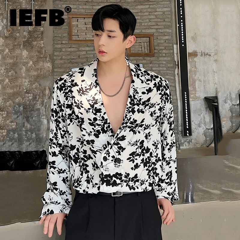 

IEFB Summer New Fashion Floral Print Loose Casual Thin Shirt 2023 Turn-down Collar Contrast Color Korean Male Tops 9A7961