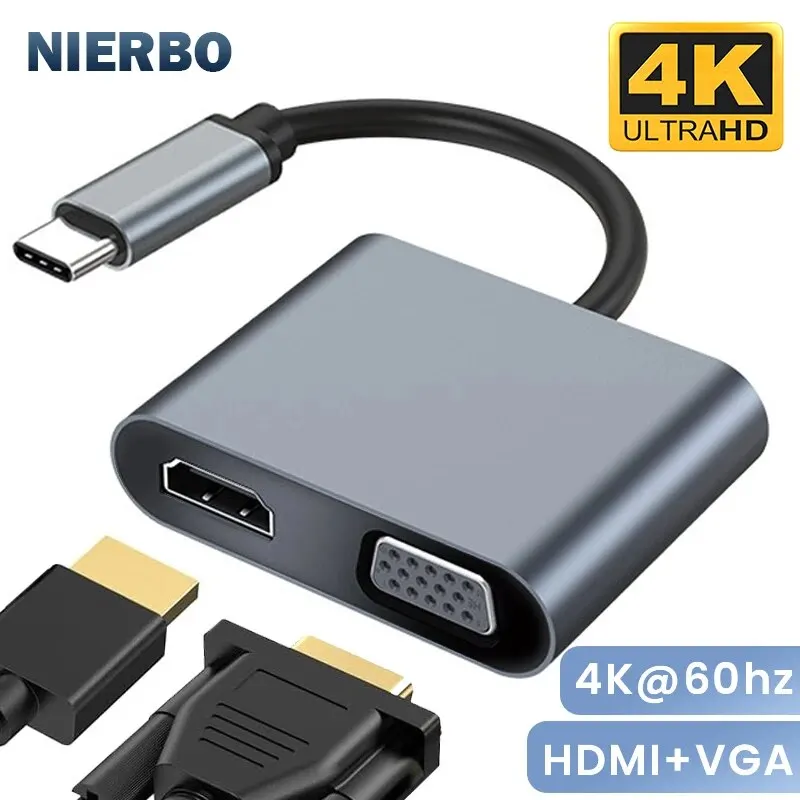 4K@60hz 2 in 1 HDMI VGA Adapter USB C to VGA Splitter Square