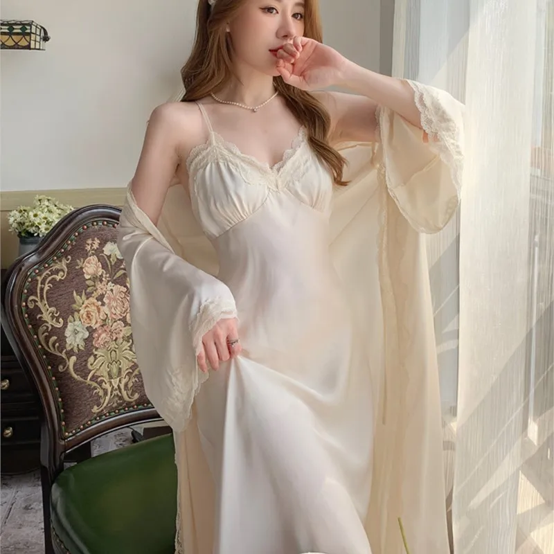 Wedding Tie Morning Gowns Women's and Bridesmaid Sense Niche Ice Silk Robe Slip Nightdress