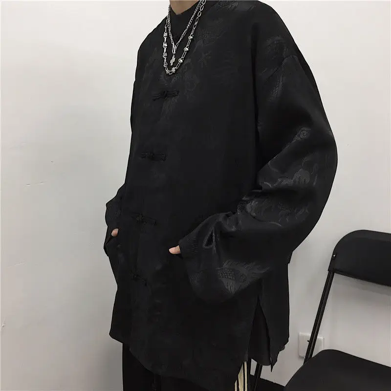 Chinese Style Tang Clothes Long Sleeve Tops Men Women Streetwear Satin Shirt Vintage Button Down Kong Fu Blouse Streetwear