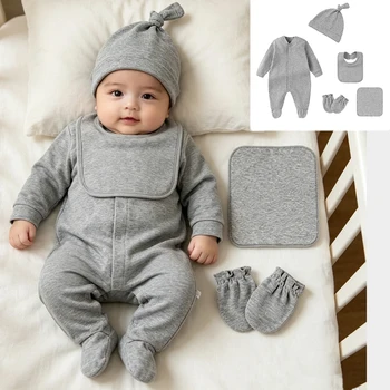 Set Neonato 100% Cotone, Completo Ospedaliero per Bambina, Tutina Rosa a Maniche Lunghe con Piedini + Cappellino + Bavaglino + Guanti, Confezione Regalo