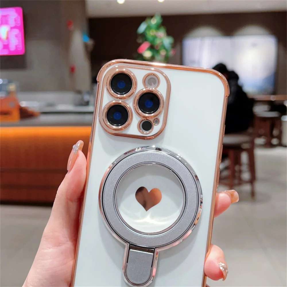 Magnetic Love Heart Stand Holder Phone Case with Plating