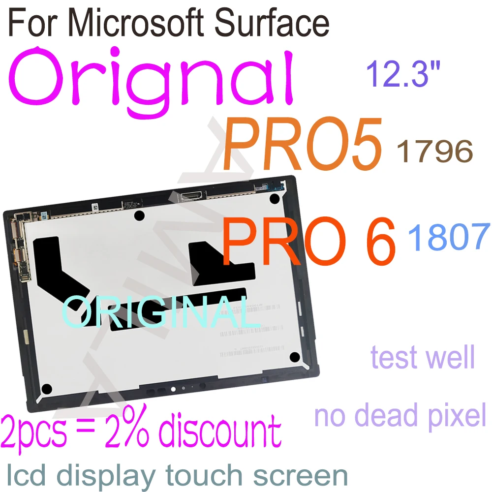 Lcd Pro5 Originale Da 12.3 ''Per Microsoft Surface Pro 5 1796 Display Lcd Touch Screen Digitizer Assembly Muslimale Surface Pro5 Pro6