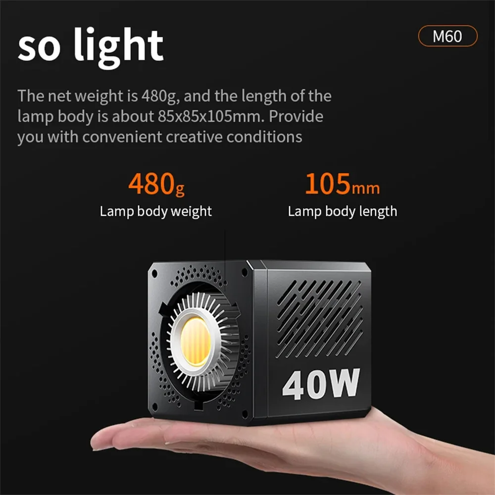 M60 핸들 사진 스튜디오 조명, COB 바이 컬러 CCT 2500-8500K CRI 95 TLCI 97 디퓨저 LED 비디오 조명, 브이로그 촬영 필 조명
