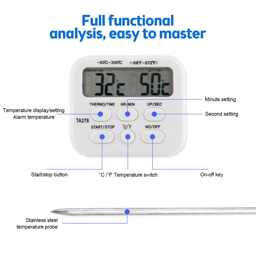 Description Picture 5 of itemTA278 Digital Kitchen Thermometer Timer Stainless Steel Probe Meat BBQ Food Temperature Barbecue Cooking Tools with Alarm