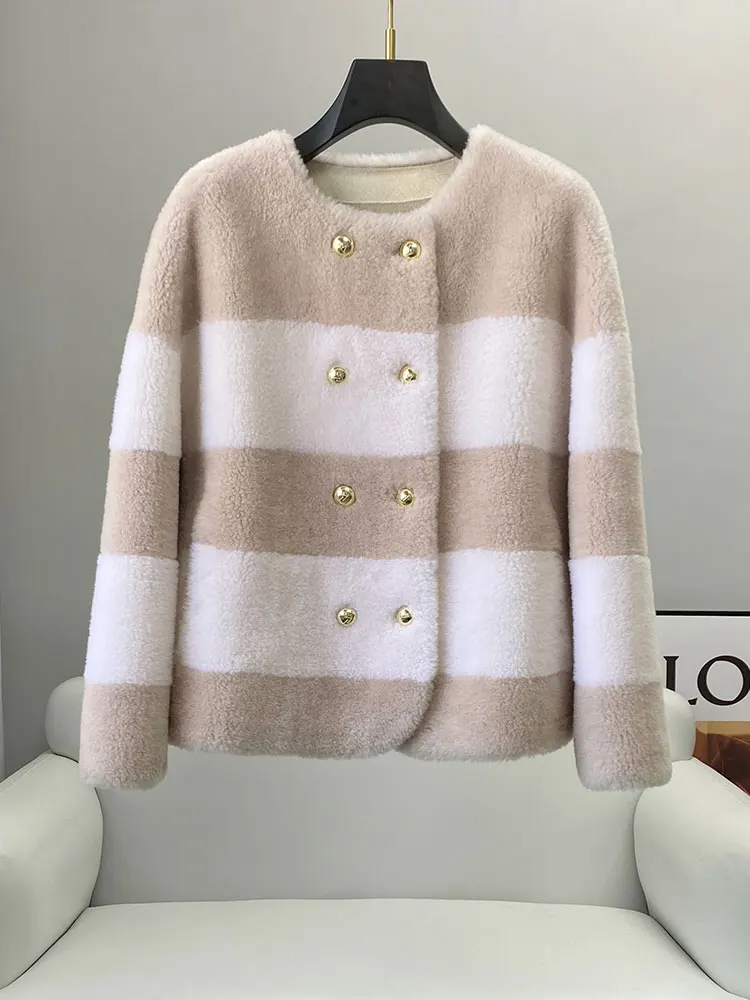 

2023 Winter New Sheep Fleece Coat Women's Colored Round Neck Pellet Lamb Fur and Fur Integrated Short Fur Coat