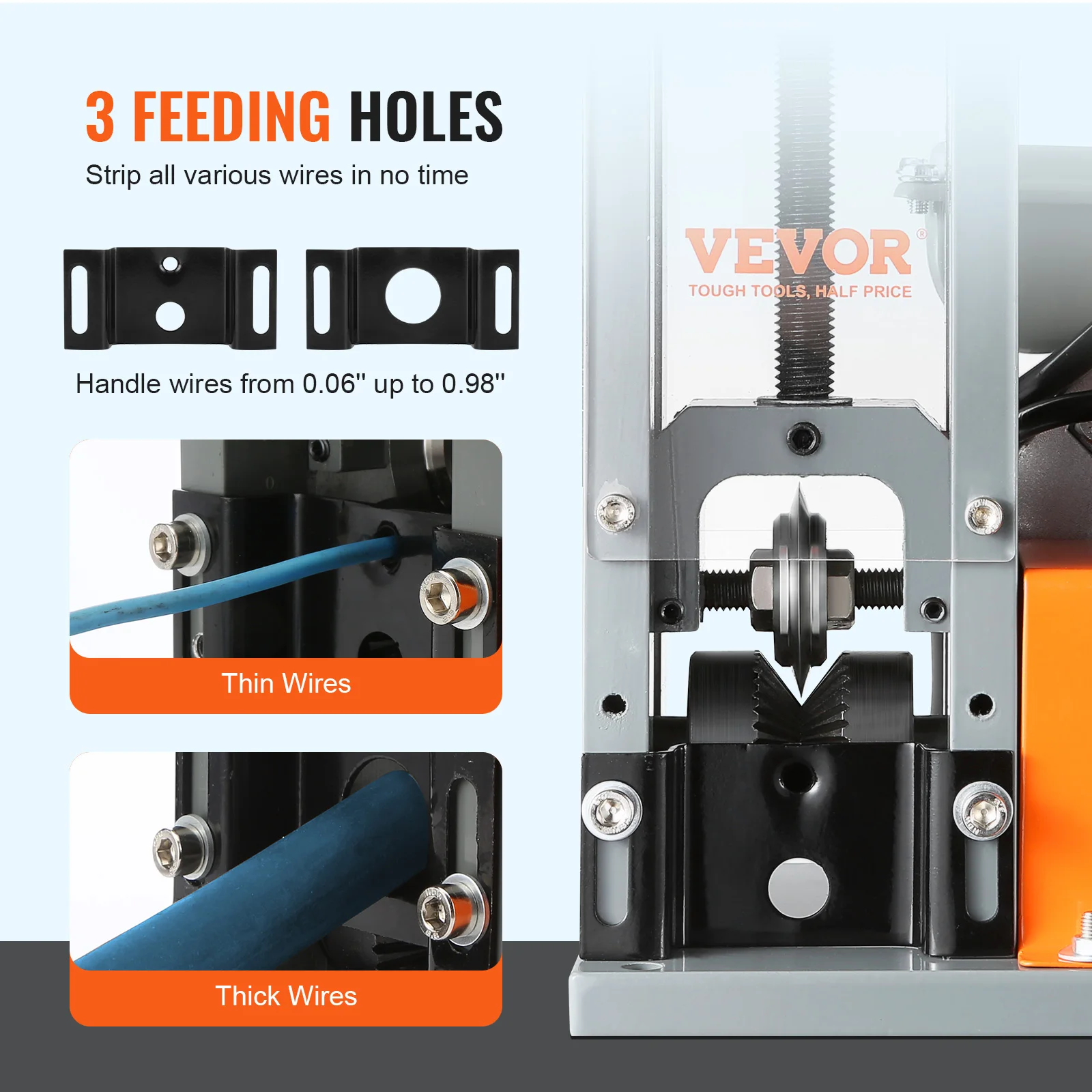 VEVOR Electric Wire Stripping Machine 1.5-25mm Cable Stripper 180W 60ft/min 3 Feeding Holes Wire Peeler Scrap Copper Recycling 4