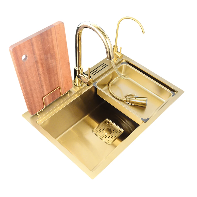 Kitchen sink brushed gold 304 stainless steel with knife holder ladder handmade single bowl gold drainer large size