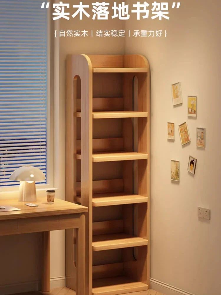 Solid wood bookshelf Floor shelf Against wall Corner locker Simple children's bookcase