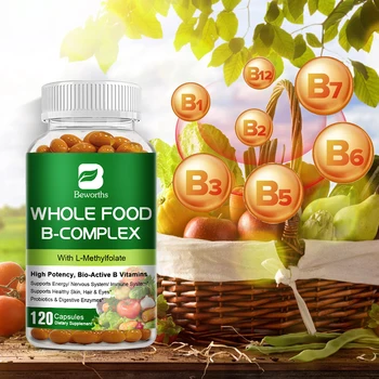 BEWORTHS Vitamin B Complex Capsules B1,B2,B3,B5,B6,B7,B12 Whole Food Supplement for Stress, Energy and Immune Support Non-GMO 3
