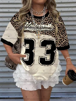 2026 womens casual leopard print number 33 pattern women  T-Shirt Girl Round Neck Tee Outdoor Sports Plus-Size Women's Clothing