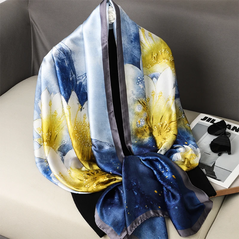 

Новинка, Модный женский Шелковый квадратный шарф с принтом, 90 х180 см, атласная шаль, дизайнерская длинная Бандана с защитой от солнца, роскошная женская модель