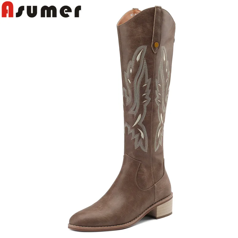 

ASUMER 2024 New Genuine Leather Embroider Autumn Boots Square Med Heels Western Boots Fashion Female Zipper Knee High Boots