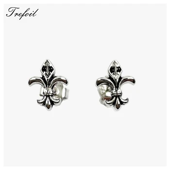 Ear Studs Fleur-de-lis Lily 925 Sterling Silver Brand New Fine Jewelry For Women Men Rebel Street Unisex Vintage Bijoux Gift