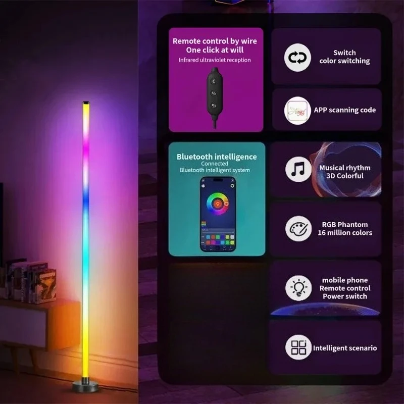 Smart LED Floor Lamp RGB Remote & APP Control Music Sync Corner Lighting Timer Modern Mood Standing Lamp for Living Room Gaming